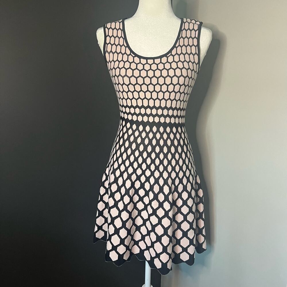 Bar III Woman's A-Line Lotus Knit Pink Black Hexagon Retro Dress- Size‎ S
